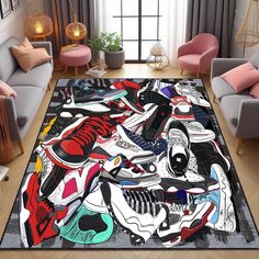 a living room area with a rug covered in various colored shoes and sneakers on the floor