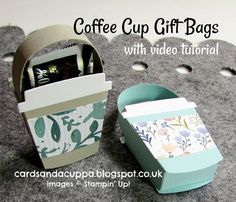 coffee cup gift bags with video tutors on the bottom and inside, sitting next to each other