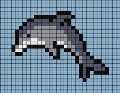 A pixel art template of a dolphin with a darker to lighter grey tone. Pixel Art Pattern Dolphin, Perler Bead Seahorse, Marine Pixel Art, Stingray Pixel Art, Dolphin Perler Bead Pattern