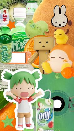 an anime collage with various items and stickers on the top, including a stuffed animal