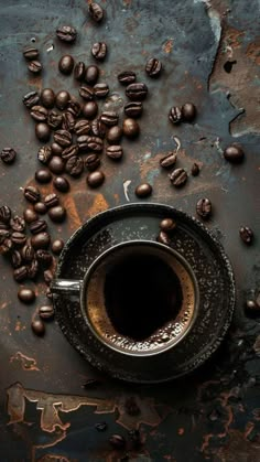 a coffee cup filled with lots of coffee beans