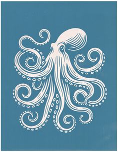 an octopus is shown in white on a blue background