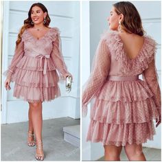 Simplee Plus Polka Dot Flounce Sleeve Layered Hem Belted Dobby Mesh Dress Zipper In Back No Stretch Built In Slip Plus Size Pink, Pink Ruffle Dress, Dresses Plus Size, Pink Ruffle, Flounce Sleeve, Dress Zipper, Mesh Dress, Ruffle Dress, Plus Size Dresses