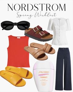 a woman's wardrobe with sandals, sunglasses and an orange top on it that says nordstrom spring wildlist