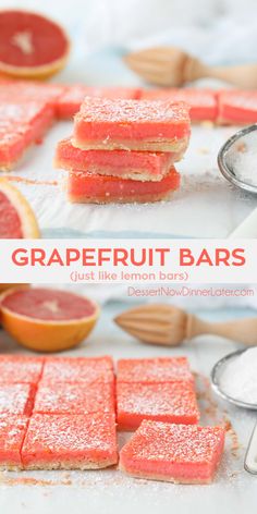 grapefruit bars with powdered sugar on top and other desserts in the background