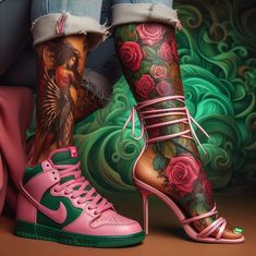 a woman's legs with tattoos and pink shoes