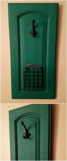 the door is painted green and there are pictures of it in different stages of being painted