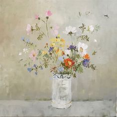 a painting of flowers in a white vase on a table with a gray wall behind it