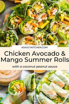 chicken avocado and mango summer rolls with coconut peanut sauce are the perfect appetizer