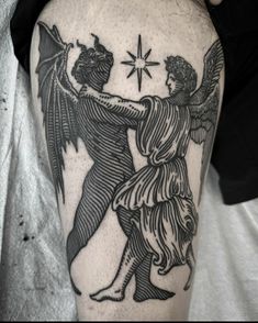 a black and white image of two people holding hands with an angel on their arm