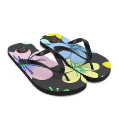 Introducing "Summer Floral Footwear Frenzy" - the must-have addition to your summer wardrobe! Step into the season with style and comfort in our colorful flip-flops that are perfect for all your warm-weather adventures. Featuring a rubber sole and soft fabric lining, these trendy flip-flops offer the perfect combination of durability and coziness. Customize your pair with 100% polyester fabric lining and elegant black Y-shaped rubber straps for a touch of sophistication. With a toe post style to keep you secure and show off your pedicure, these flip-flops are both practical and fashionable. Plus, each pair is made to order, reducing waste and promoting sustainable fashion choices. Don't miss out on the chance to elevate your summer outfits with pastel flower designs and the latest seasonal Non-slip Flip Flops For Surfing And Beach Season, Non-slip Flip Flops For Surfing During Beach Season, Non-slip Round Toe Flip Flops For Beach Season, Casual Flip Flops For Beach Vacation, Black Flip Flops For Summer Vacation, Lightweight Summer Beach Sandals, Lightweight Summer Sandals For Beach, Lightweight Slippers For Beach In Spring, Adjustable Flat Flip Flops For Beach Season