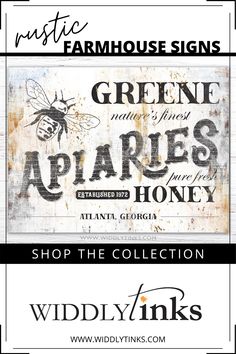 an old sign with the words green apples honey on it, and a photo of a bee