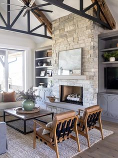 a living room filled with furniture and a fire place