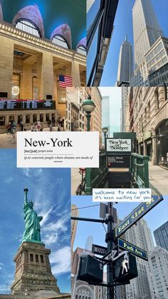 the new york city skyline is shown in this collage with buildings and street signs