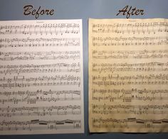 two sheets of sheet music with the words before and after written on them