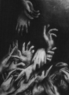 black and white drawing of many hands reaching for each other