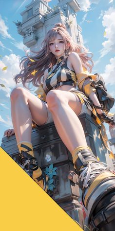 an anime character is sitting on top of a tower with her legs spread out and hands behind her back