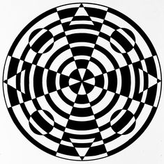 a black and white circular design on a white background, with the center being an optical pattern