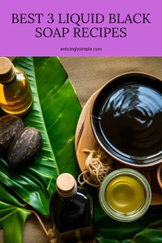 A bowl of homemade African liquid black soap along with ingredients like cocoa pods and oils, showcased beautifully on palm leaves against a wooden table for natural living.