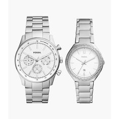 This set features a 44mm Sullivan multifunction watch and stainless steel bracelet with a matching 36mm watch His And Hers Watches, Fossil Watches Women, Watch Box, Steel Watch, Stainless Steel Watch, Steel Bracelet, Box Set, Stainless Steel Bracelet, Silver Watch