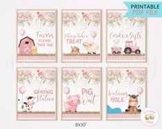 printable pink farm animals and barn birthday party signs for girls or boys, set of 6