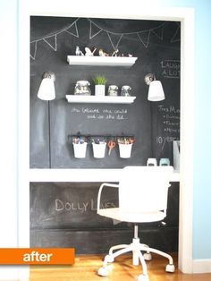 a chalkboard wall in the corner of a room