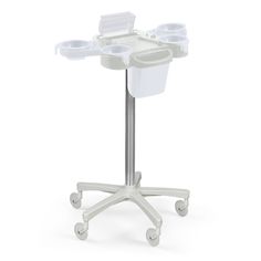 a white table with four cups on it's top and two wheels attached to the base