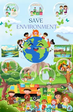 save environment poster with children around the world