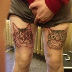 two cats are shown on the legs of a person with tattoos on their legs, and one cat is looking at the camera