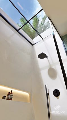 a bathroom with a skylight above the shower head and hand held shower faucet