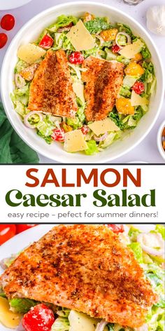 salmon caesar salad with lettuce and tomatoes on the side