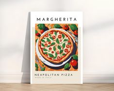 a book cover with a pizza on it sitting on a wooden floor in front of a white wall