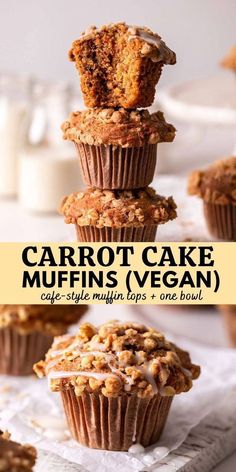 carrot cake muffins stacked on top of each other with the title above it