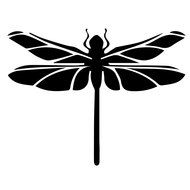 a black and white silhouette of a dragonfly on a stick with wings spread out