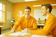 two young men sitting at a desk in an orange room, one smiling and the other writing