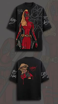 A T-shirt design created in digital format before painting on clothing Deadpool Design, Black T-shirt With Custom Artwork For Streetwear, Anime Customised Tshirt, Fan Merchandise Crew Neck T-shirt With Graffiti Print, Superhero Character Print T-shirt For Streetwear, Deadpool Tshirt, T Shirt Hacks, Typography Shirt Design, Armani Sweatshirt