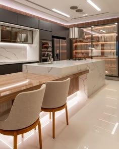 an image of a kitchen setting with marble countertops and bar stools in the center