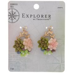 two pairs of earrings with flowers and leaves on the front, one is pink and green