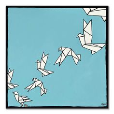 several origami birds are flying in the sky with one another on it's back