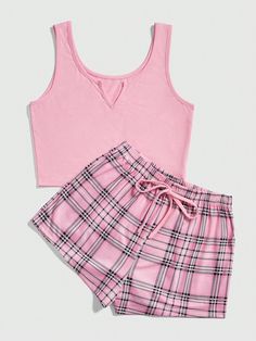 Pink  Collar   Plaid Short Sets Embellished Slight Stretch Summer Women Sleep & Lounge Shein Pjs, Pink Pajama Set, Pj Outfit, Pink Pjs, Summer Pjs, Pink Pajamas