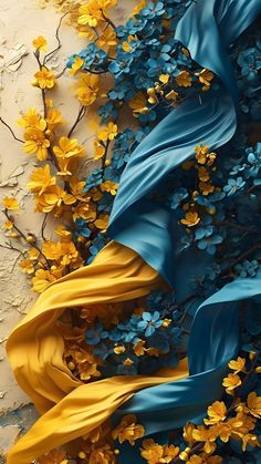 blue and yellow flowers are on the wall