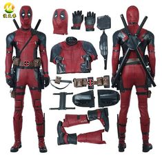 the deadpool action figure is shown in red and black leather with accessories including gloves, gloves