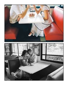 two pictures of people sitting at a table