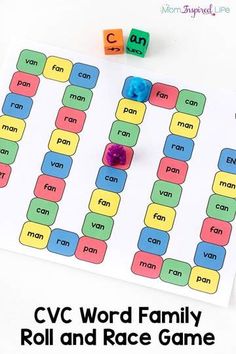 the cvc word family roll and race game is shown with dices next to it