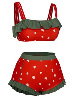 [Plus Size] Red 1950s Strawberry Ruffle Strap Swimsuit | Retro Stage Cute Plus Size Bikinis, Strawberry Fashion, Outfit Rosa, Underwire Swimwear, 1950s Look, Retro Stage, Kawaii Outfit Ideas, Pin Up Swimsuit, Fruit Fashion