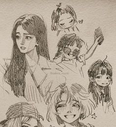 some drawings of people with different expressions and hair styles, one is holding a toothbrush