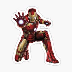 the iron man sticker is shown in red and gold with his hands out to light up