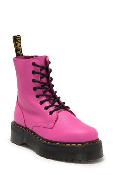 A chunky Quad Retro platform sole enhances the throwback vibe of an iconic lace-up boot shaped from leather and finished with signature Goodyear welting. 2" heel; 1 1/2" platform (size 8) 6 1/2" shaft Lace-up style; side zip closure Cushioned footbed Leather upper/leather and textile lining/synthetic sole Imported Pink Leather Moto Boots With Round Toe, High-top Pink Boots With Lug Sole, High-top Leather Footbed Platform Boots, Pink High-top Boots With Lug Sole, Pink High-top Leather Lace-up Boots, Pink Leather Platform Boots For Winter, Pink Leather Platform Boots For Fall, Pink Leather Boots With Lug Sole, Pink Leather Platform Boots