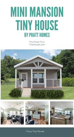 the front cover of a tiny house with pictures of it's porch and living room