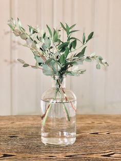 a vase filled with water and greenery on top of a wooden table